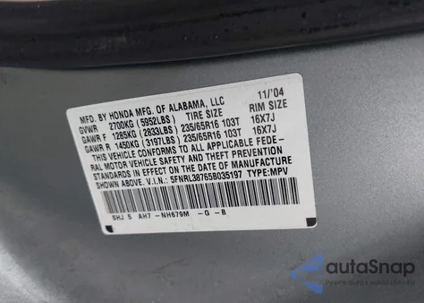 2005 Honda Odyssey Ex-L z USA, uszkodzony, nr VIN 5FNRL38765B035197